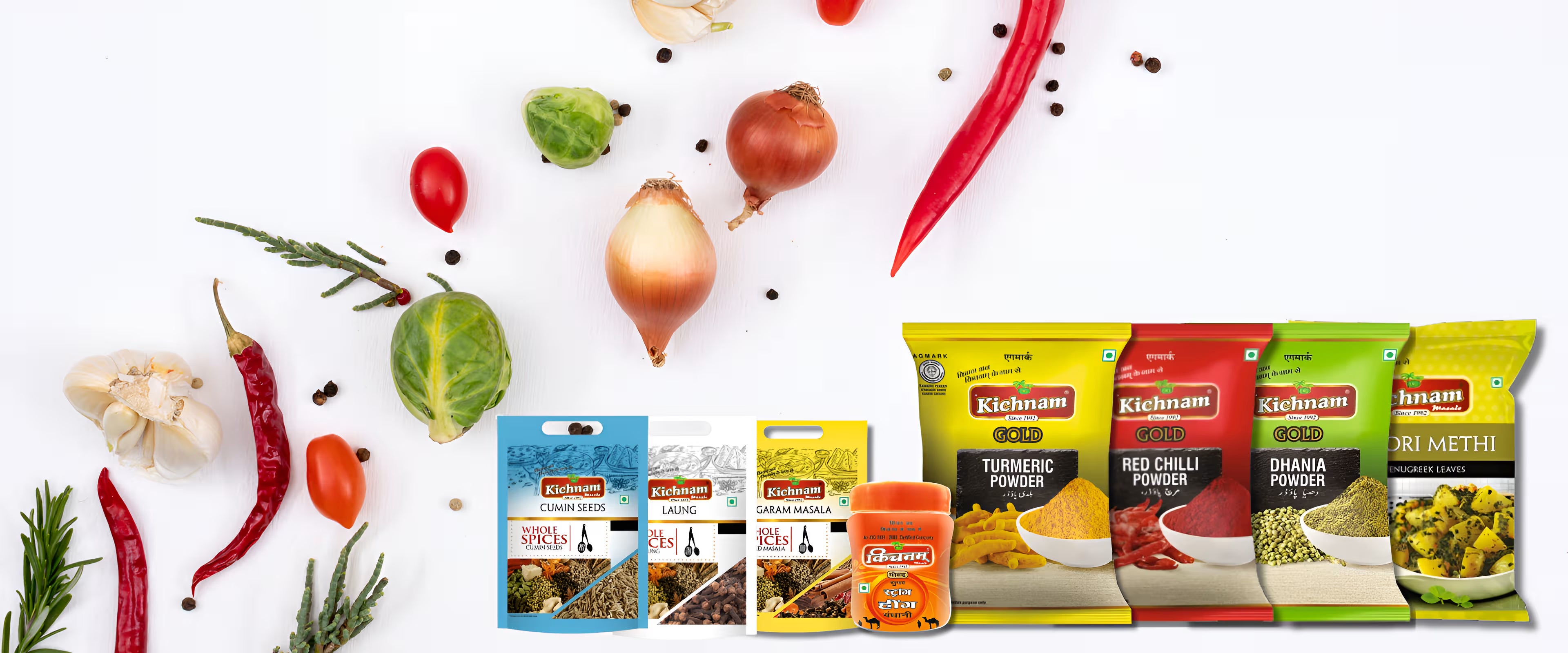 Kissan spice packs with various spices on a white background
