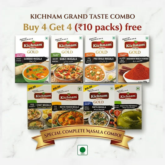  Elevate your Pav Bhaji, Matar Paneer and Sambar with premium Kichnam Gold spices. Buy 4 Get 4 Free offer
