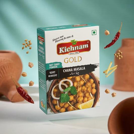 Kichnam Gold Chana Masala packaging with ingredients on a white background