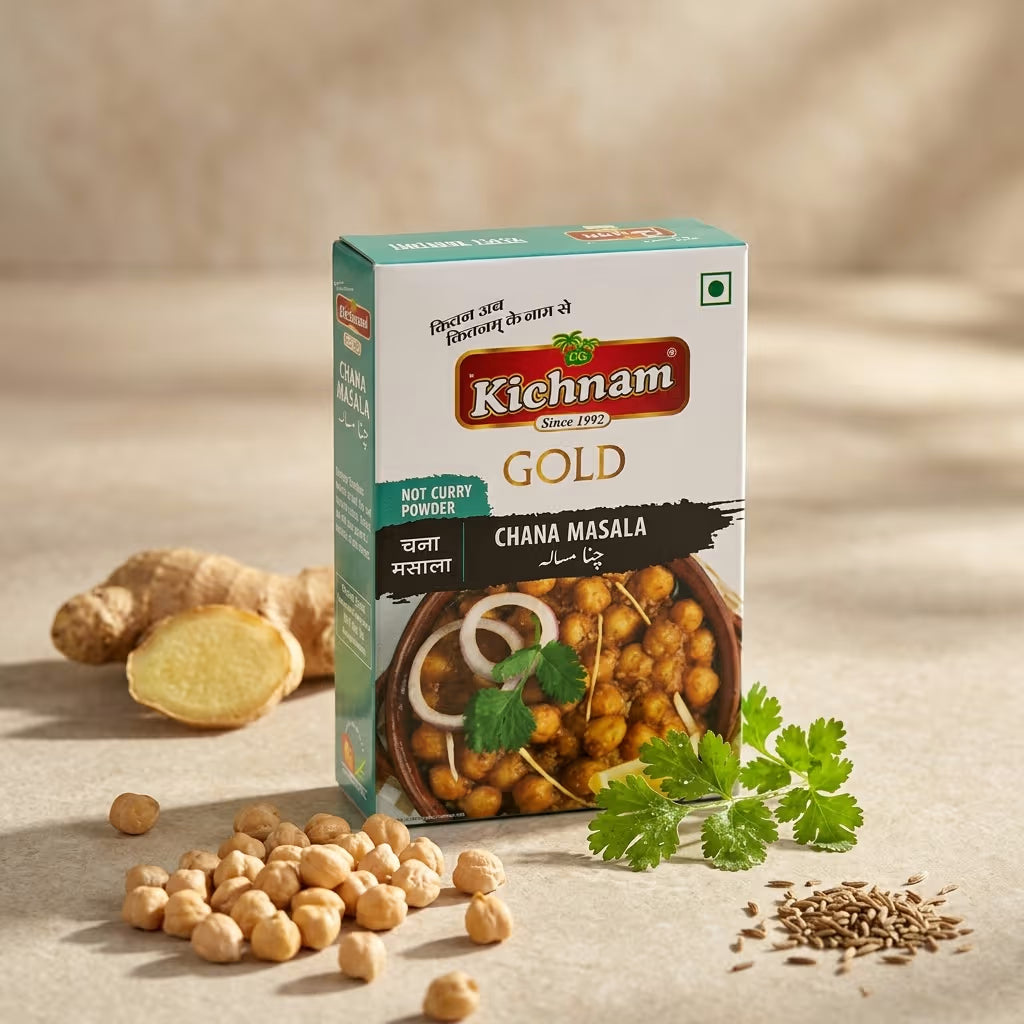 Kichnam Chana Masala packaging with ingredients on a beige background