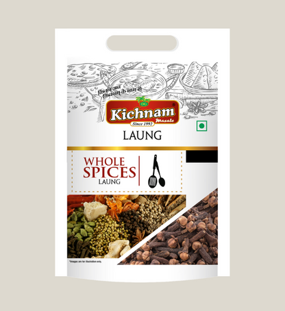 Packaging for Kichnam Laung whole spices, featuring an illustration of spices, varied spice mix photo, brand logo, and a white, orange, and black color scheme.