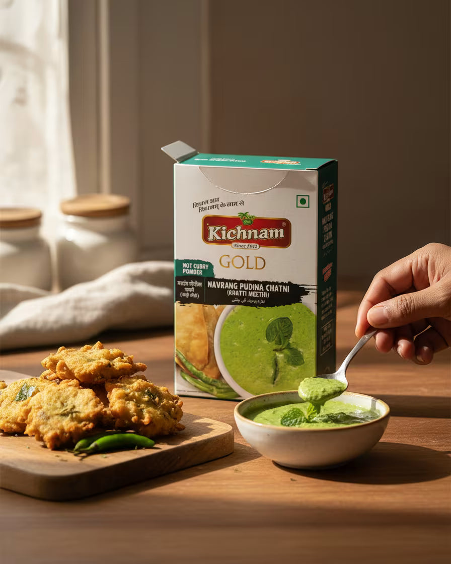 ready to use paudina chutney  A packet of kichnam Pudina chutney which is ready to use with any pakoda , or dish having a bowl of pudina chutney 
