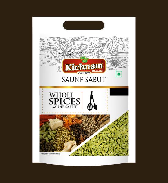 Kichnam Saunf Sabut spice package on a brown background