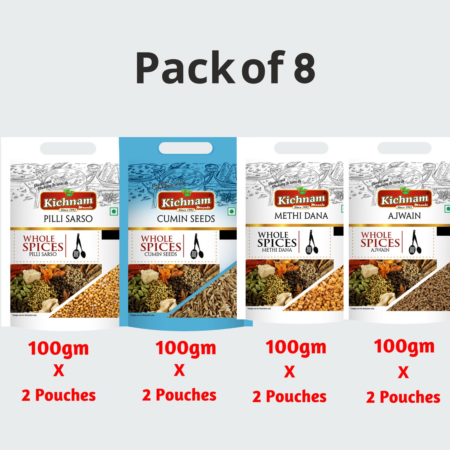 Kichnam Everyday Cooking Whole Spices Kit pack of 8 with 100gm pouches of pili sarso, cumin, methi dana, and ajwain seeds.
