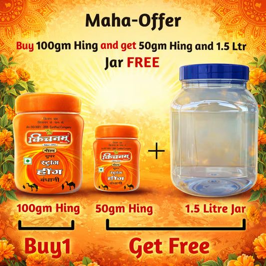 Promotional offer for Kichnam  Hing with two hing jars and a large jar on an orange background.