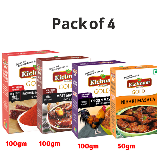 Kichnam Premium Spices kit pack of 4 with Kashmiri Mirch, Chicken Masala, Meat Masala, and Nihari Masala for non-veg dishes.
