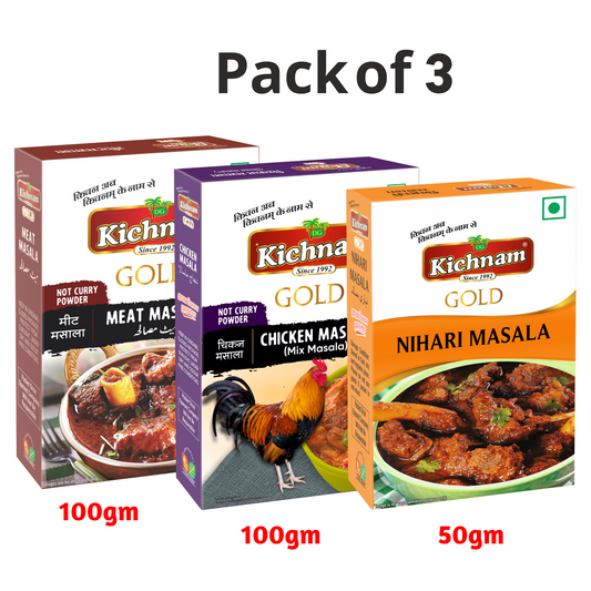 Kichnam Non Veg Dishes Masala Kit pack of 3 with Chicken, Meat, and Nihari Masala for flavorful cooking