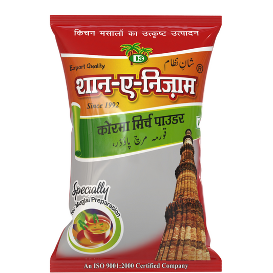 A package of Shan E Nizam Lal Mirch Korma Powder, showing the brand logo, product name, and an image of the Taj Mahal. The package is red with green and yellow accents, and it's labeled as 'Specialy' and 'Export Quality'.
