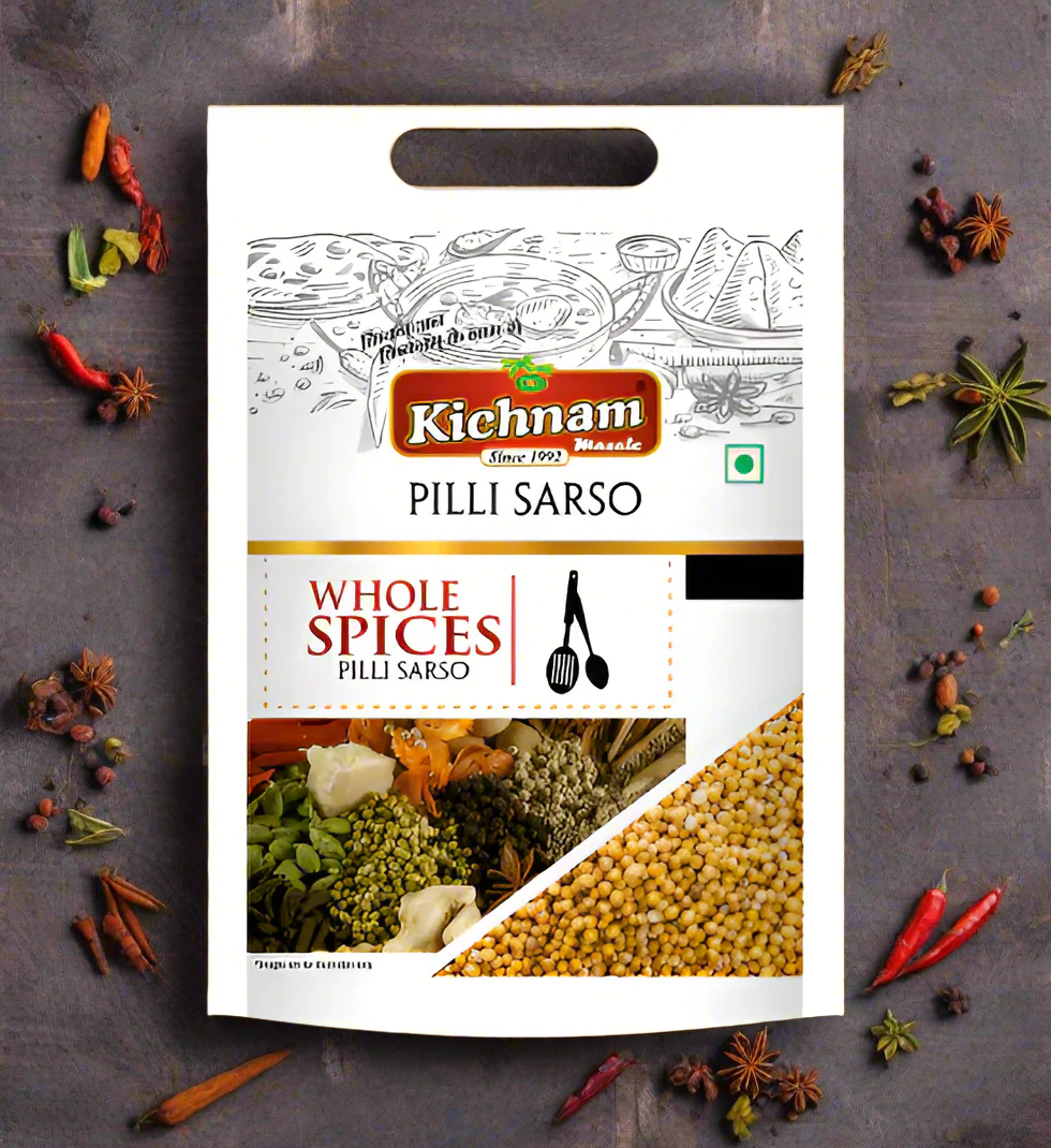 A package of Kichnam Pili Sarso Sabut, whole yellow mustard seeds, with a net weight of 100 grams, displayed on a background with various spices.