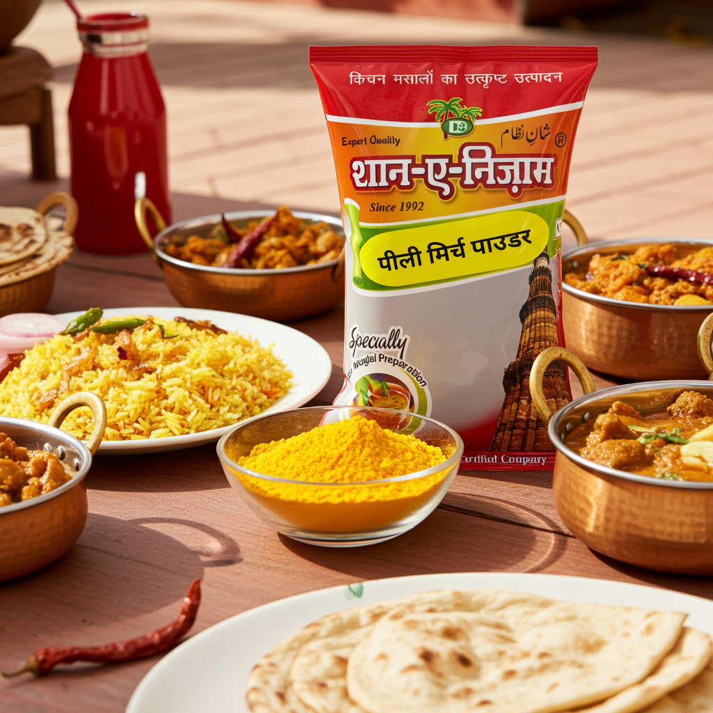 Pilli mirch powder packet with Indian food on a wooden table
