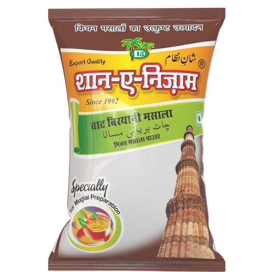 A package of Shan E Nizam Chaat Biryani Masala featuring the brand logo, product name, and an image of the Taj Mahal. The pack is primarily white and green with text in English and Urdu.