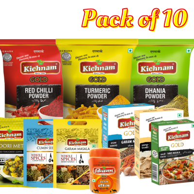 The Kichnam Pack of 10 features premium Haldi, Mirch, Dhania, Jeera, Garam Masala Powder, Amchur, Hing, Kasoori Methi, Sabji Masala & Garam Masala Sabut—your all-in-one spice kit presented against a white background.