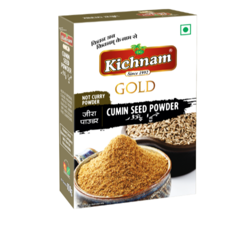 Brown Kichnam Gold Cumin Seed Powder box with bowls of powder and seeds.