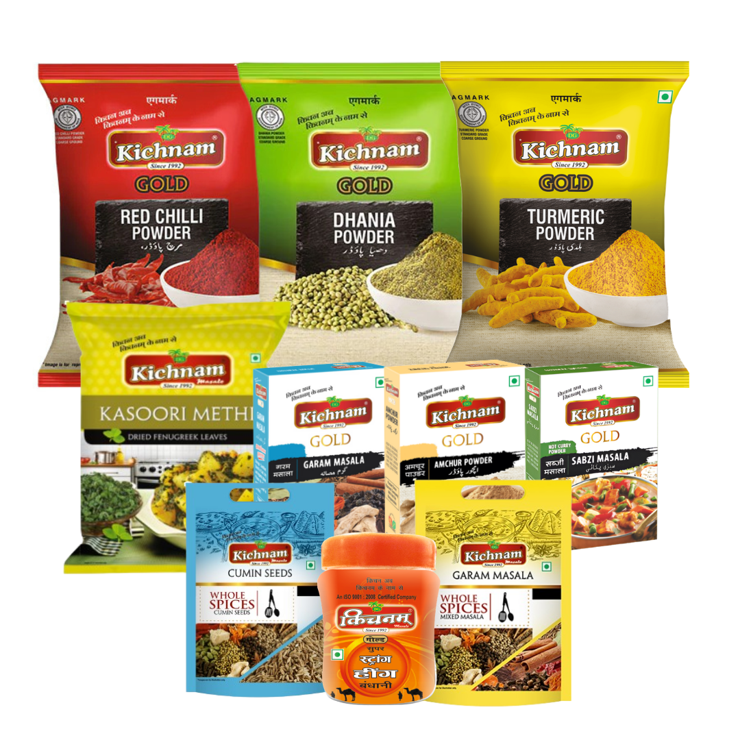 Kichnam Pack of 10 (Halid, Mirch, Dhania, Jeera, Garam Masala Powder, Amchur,Hing, Kasoori Methi,Sabji Masala, Garam Masala Sabut)