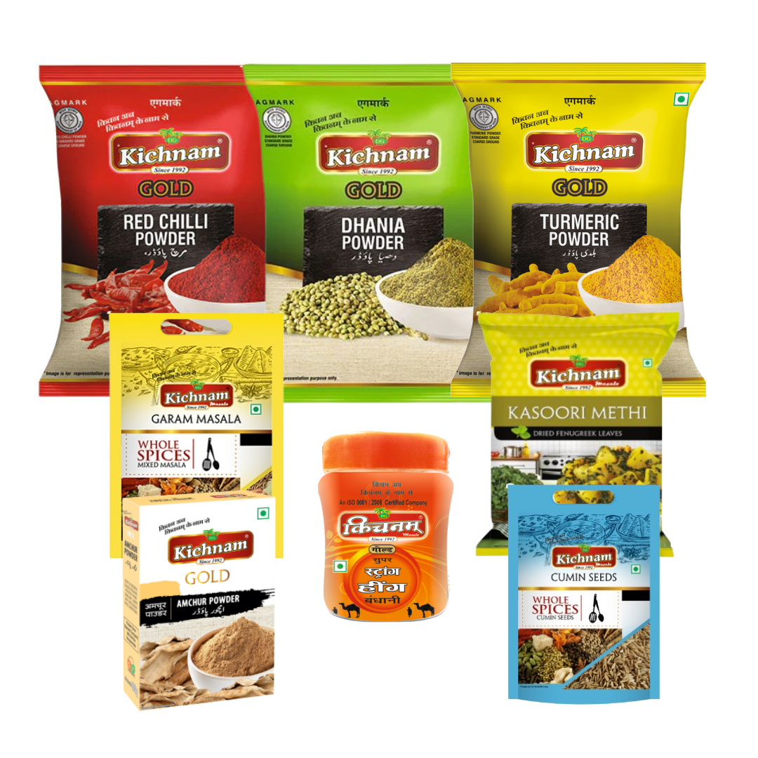 Collection of Kichnam spice packets and containers on a white background