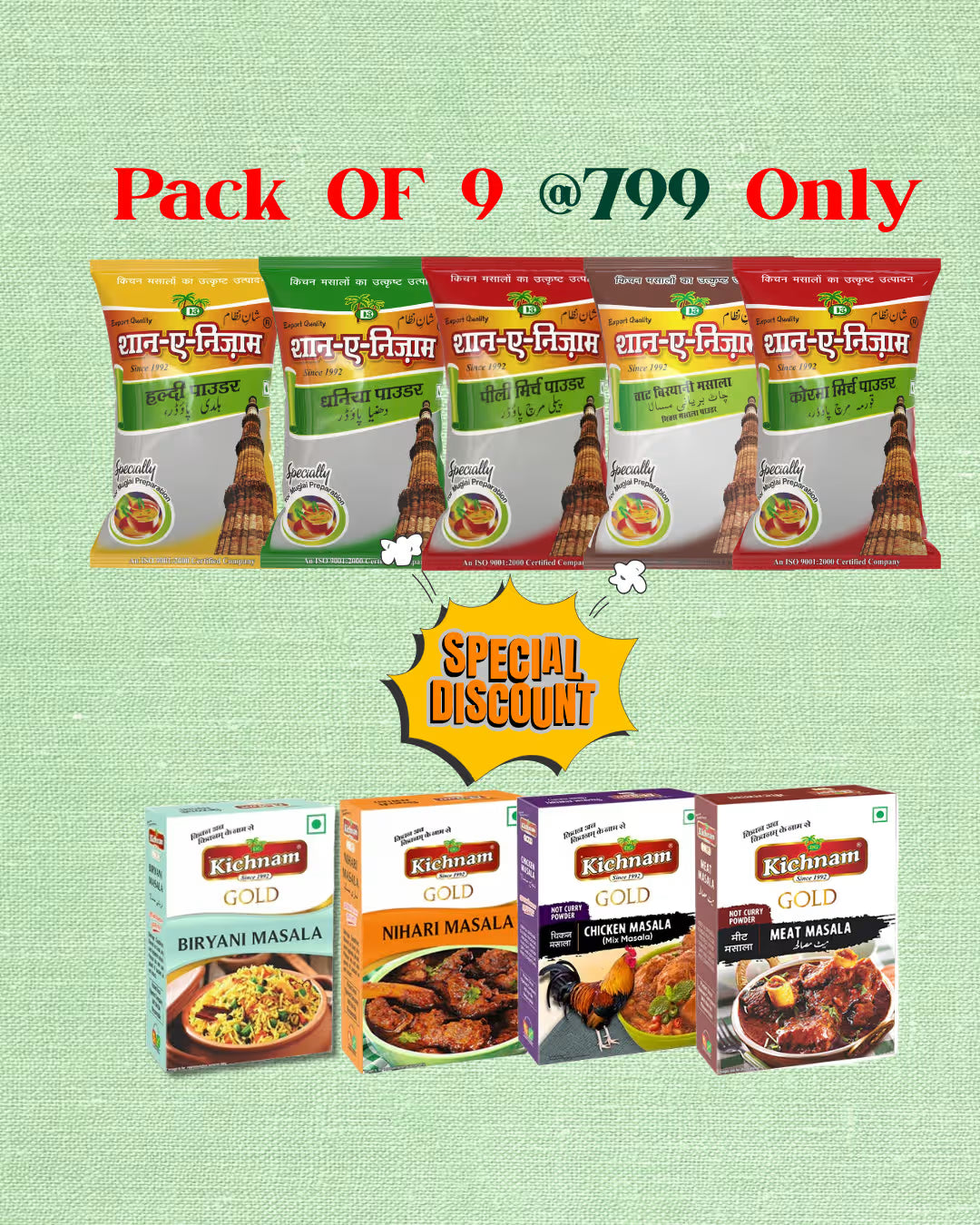 Special 9 spice pack combo @799 only  Promotional image of spice packages with a discount offer on a light green background