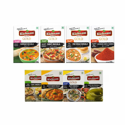 Collection of Kichnam Gold spice packs on a white background