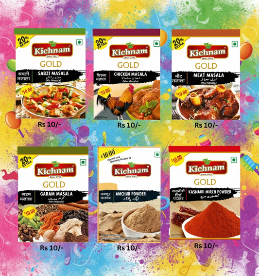 10 Pouches Trial Pack- (Sabji Masala 16gm, Meat Masala 15gm,  Chicken Masala 15gm, Garam Masala 16gm, Amchur Powder 18gm, Kashmiri lal Mirch Powder 10gm)