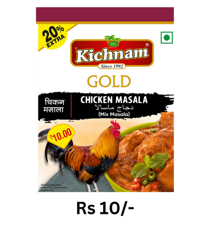 Kichnam Gold Chicken Masala pouch with 20% extra, priced at Rs 10, featuring cooked chicken and a rooster image
