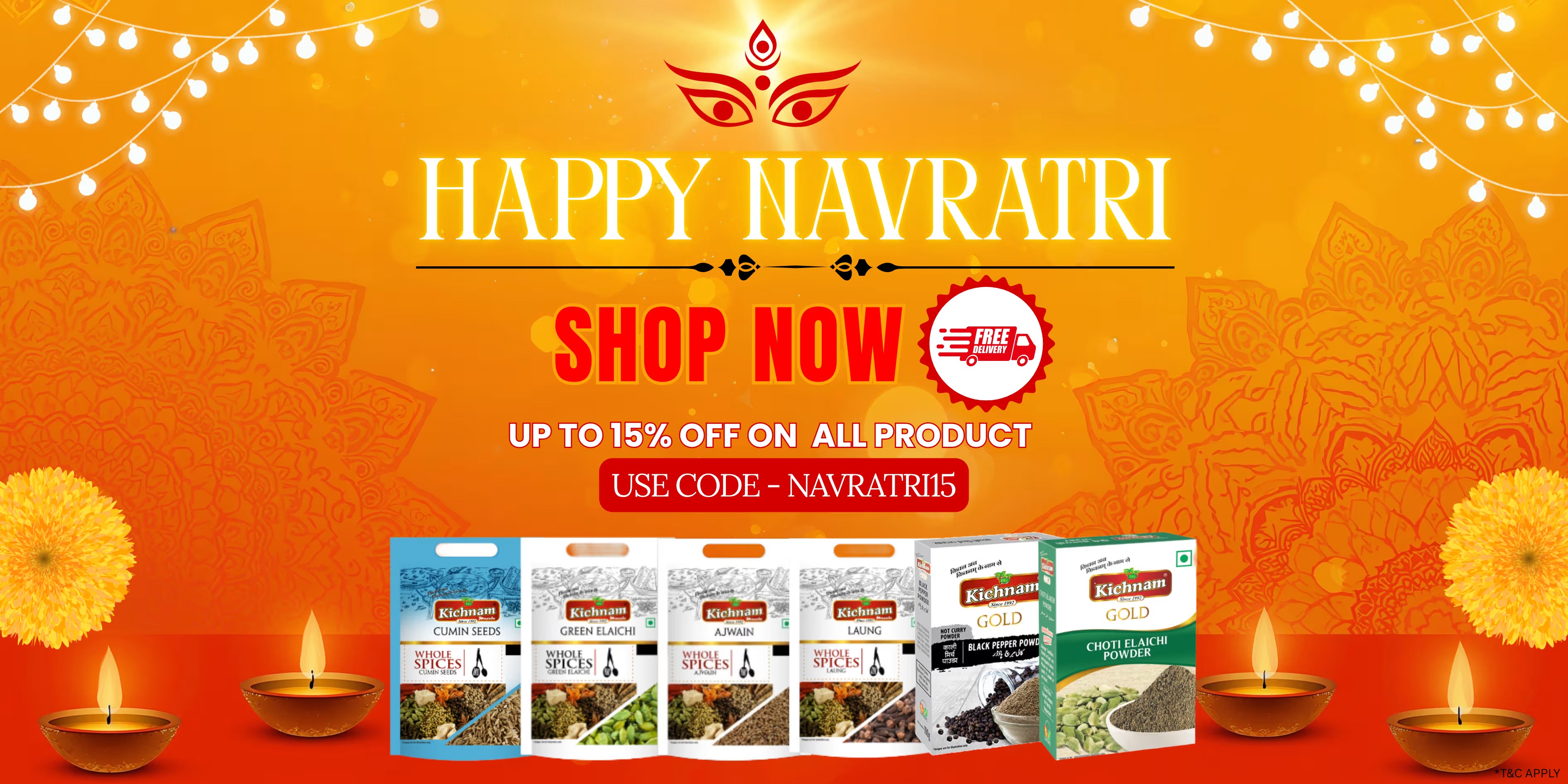Kichnam Promotional banner for Navratri with products and discount offer on an orange background.