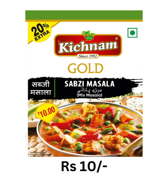 Kichnam Gold Sabzi Masala pouch 16gm with vegetable curry, priced at Rs 10, 20% extra spice mix packaging