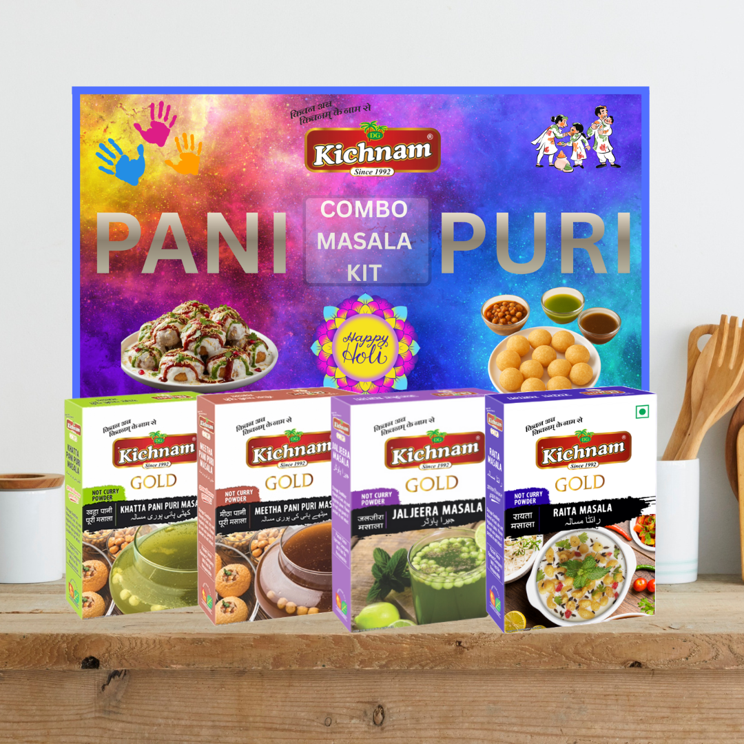 Kichnam Combo Masala Kit packaging on a wooden surface with kitchen utensils in the background
