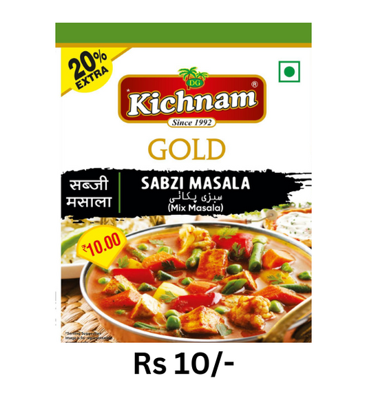 Kichnam Gold Sabzi Masala pouch 16gm with vegetable curry, priced at Rs 10, 20% extra spice mix packaging