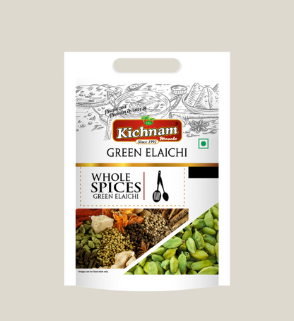 White Kichnam pouch with green cardamom and other whole spices.