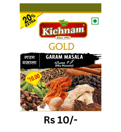 Kichnam Gold Garam Masala pouch 16gm with various whole spices and Rs 10 price tag on white background