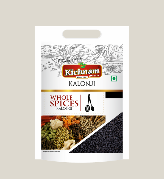 A white pouch of Kichnam Kalonji (Black Cumin), Net Weight 100gm, features images of Indian spices and kalonji, a top handle, and decorative illustrated patterns in the background.