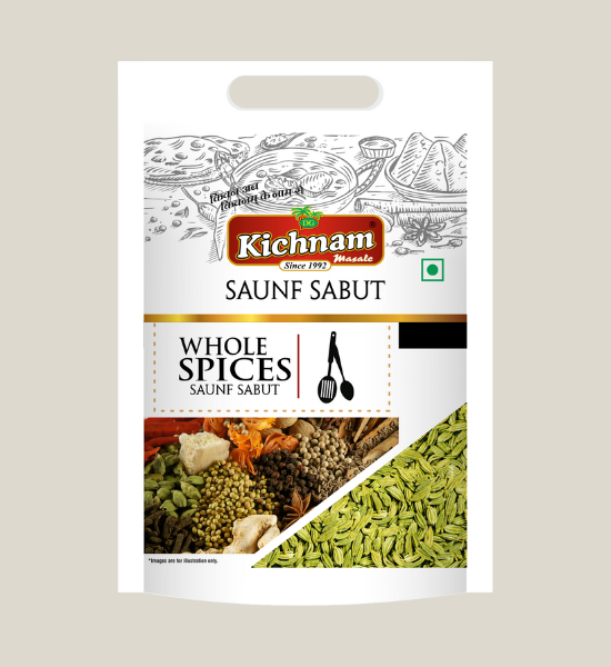 A white Kichnam Saunf Sabut | Fennel Seeds | Net Weight- 100gm packet features spice and food illustrations, a photo of whole spices, green fennel seeds at the bottom, and a top handle.