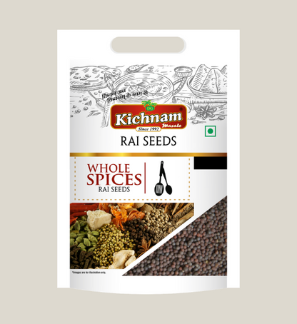 Kichnam Rai Dana Sabut (Rai Seeds), Net Weight 100gm, comes in a Whole Spices-labeled pack with assorted spice images and a clear window displaying whole mustard seeds—ideal for Indian pickles.