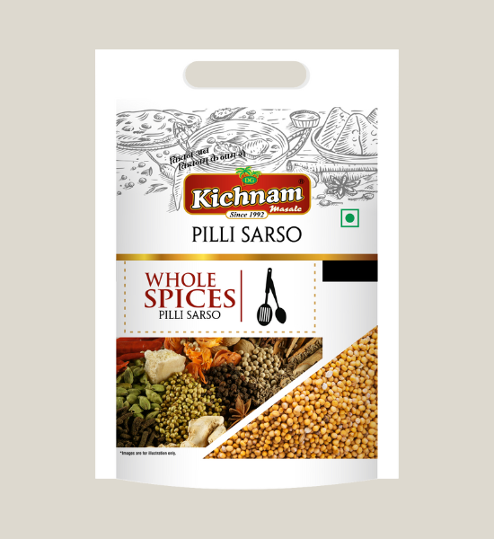 Kichnam Pili Sarso Sabut whole yellow mustard seeds 100gm pack with mixed spices illustration on white background