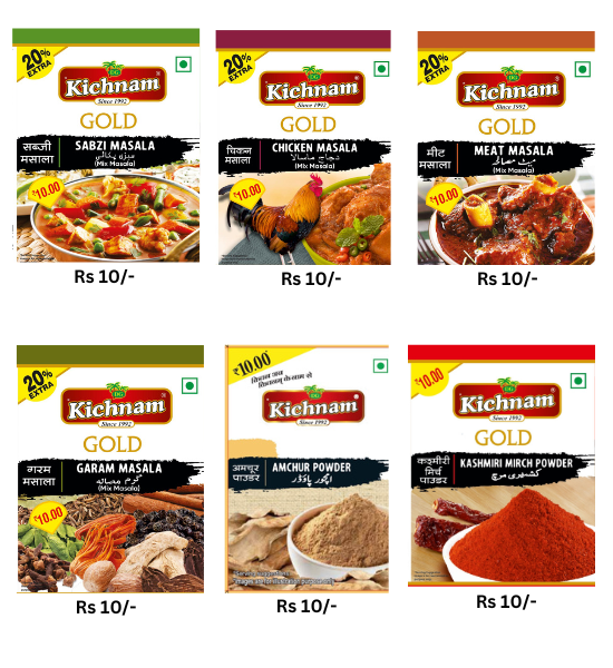 An array of six spice pouches from the brand Kichnam, each pouch has a different spice visible through the transparent window, including Sabji Masala, Meat Masala, Chicken Masala, Garam Masala, Amchur Powder, and Kashmiri lal Mirch Powder.